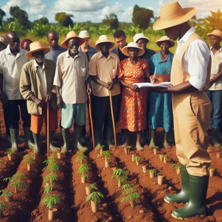 Técnico de Extensão disseminando técnicas a Pequenos Agricultores, imagem gerada por IA